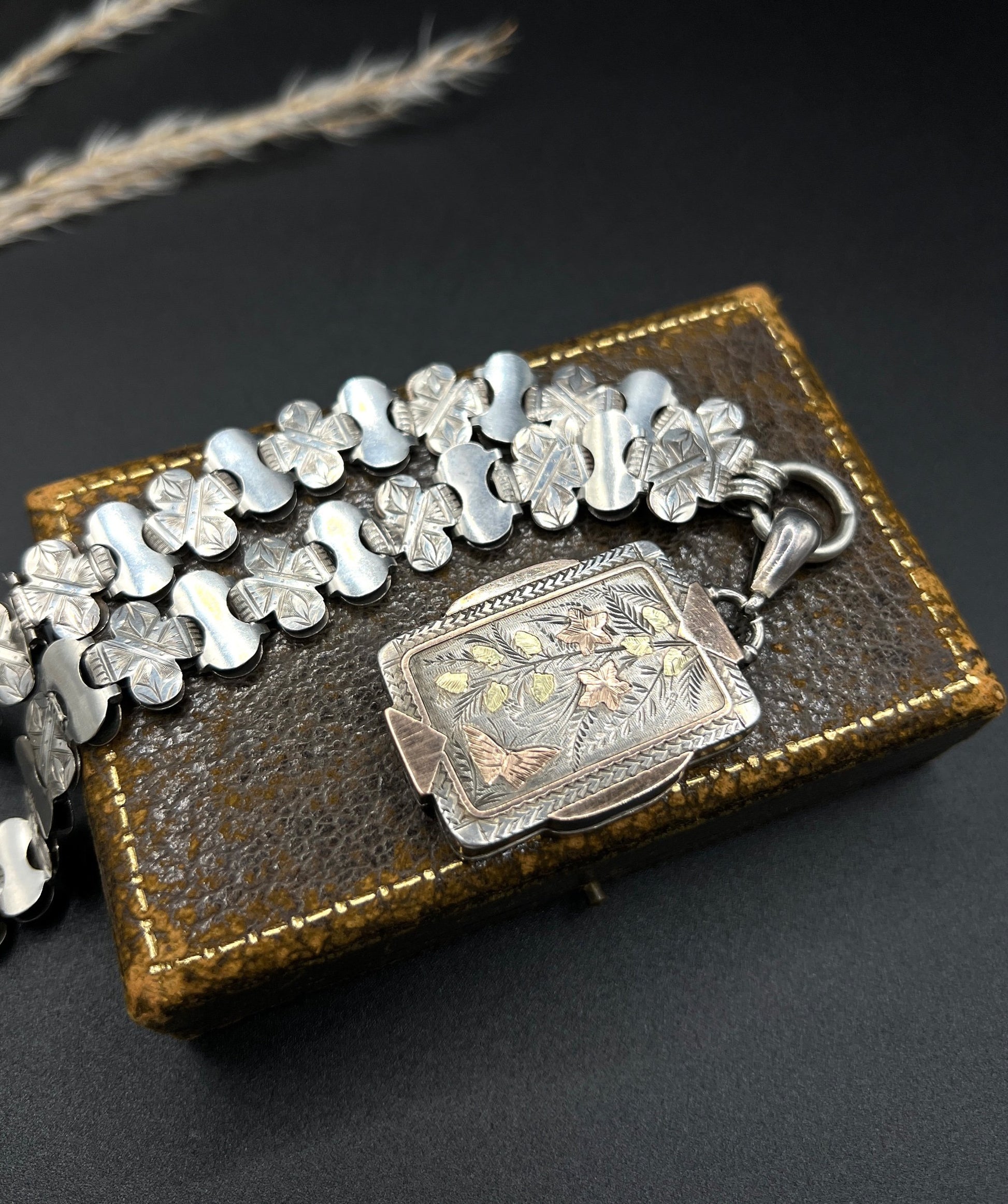 Victorian Sterling Silver Book Chain Necklace with Silver and Gold Inlaid Butterfly Locket