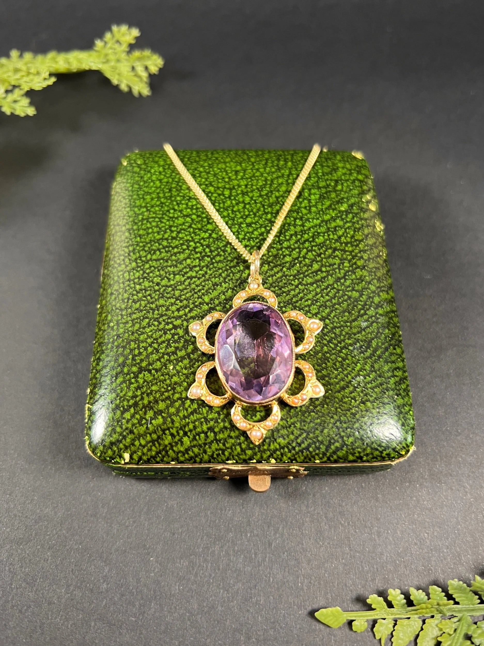 Antique 15 ct Yellow Gold, Edwardian Large Oval Faceted Amethyst And Seed Pearl Pendant
