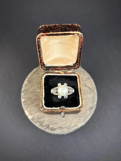 Antique 18ct White Gold, Edwardian Cultured Pearl & Old Cut Diamond Ring