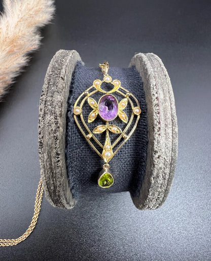 Antique 15 ct Gold Authentic Edwardian Suffragette Pendant set with Amethyst, Peridot And Seed Pearls