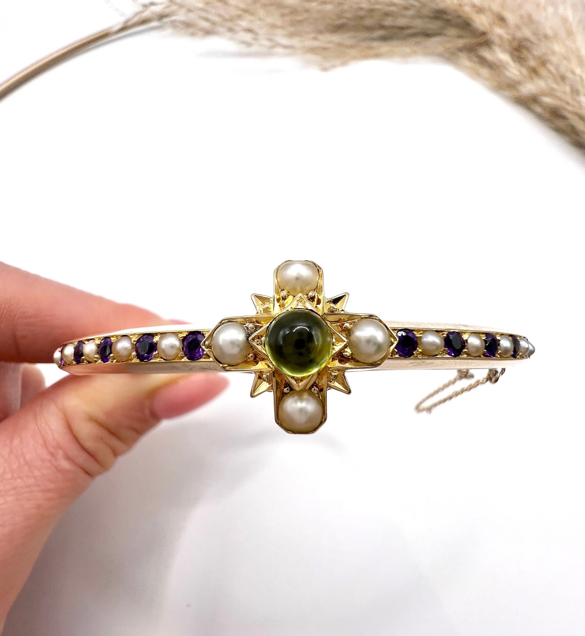 Antique 15 Carat Gold Peridot, Amethyst and Pearl Suffragette Bangle, Circa 1910