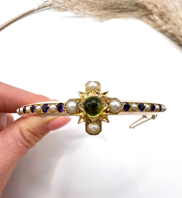 Antique 15 Carat Gold Peridot, Amethyst and Pearl Suffragette Bangle, Circa 1910