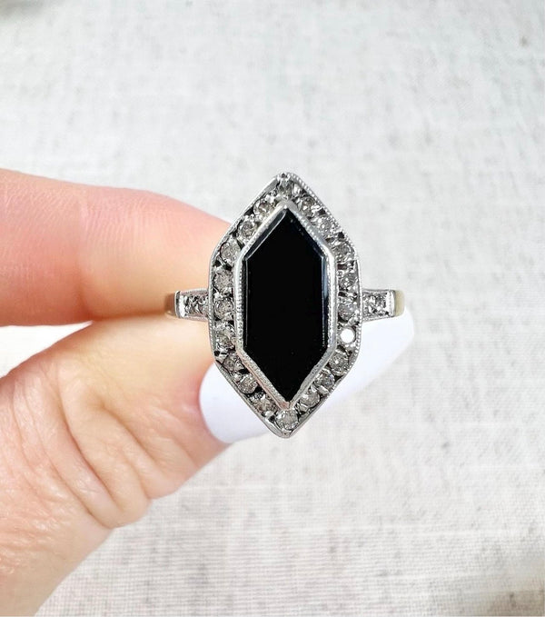 Antique 18ct Gold Stamped, 1920’s Onyx & Diamond Marquise Ring
