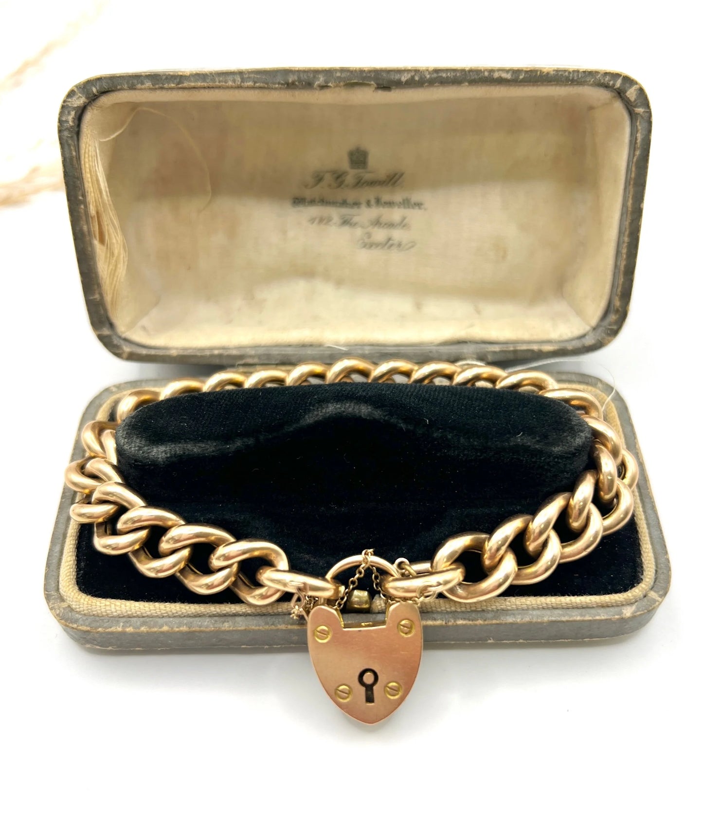 Victorian 15 Carat Rose Gold Curb Link Bracelet with Heart Padlock Clasp, Circa 1880