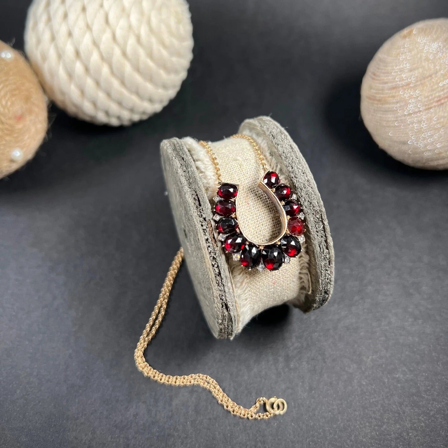 Victorian Antique Garnet and Diamond Horseshoe Pendant Necklace in Rose Gold