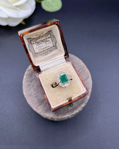 Vintage 18ct Gold, 1940s Emerald & Diamond Cluster Dress Ring