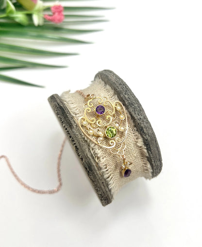 Antique 9 Carat Yellow Gold Amethyst, Peridot and Seed Pearl Suffragette Pendant Necklace