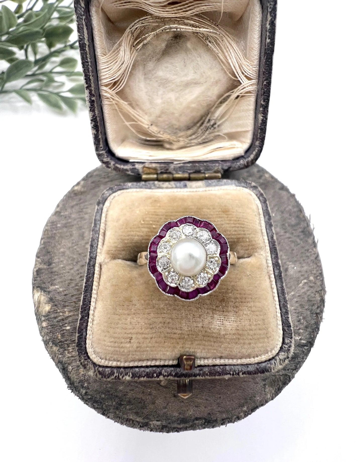 A pearl, diamond and ruby fancy cluster ring in platinum and yellow gold, in a ring box