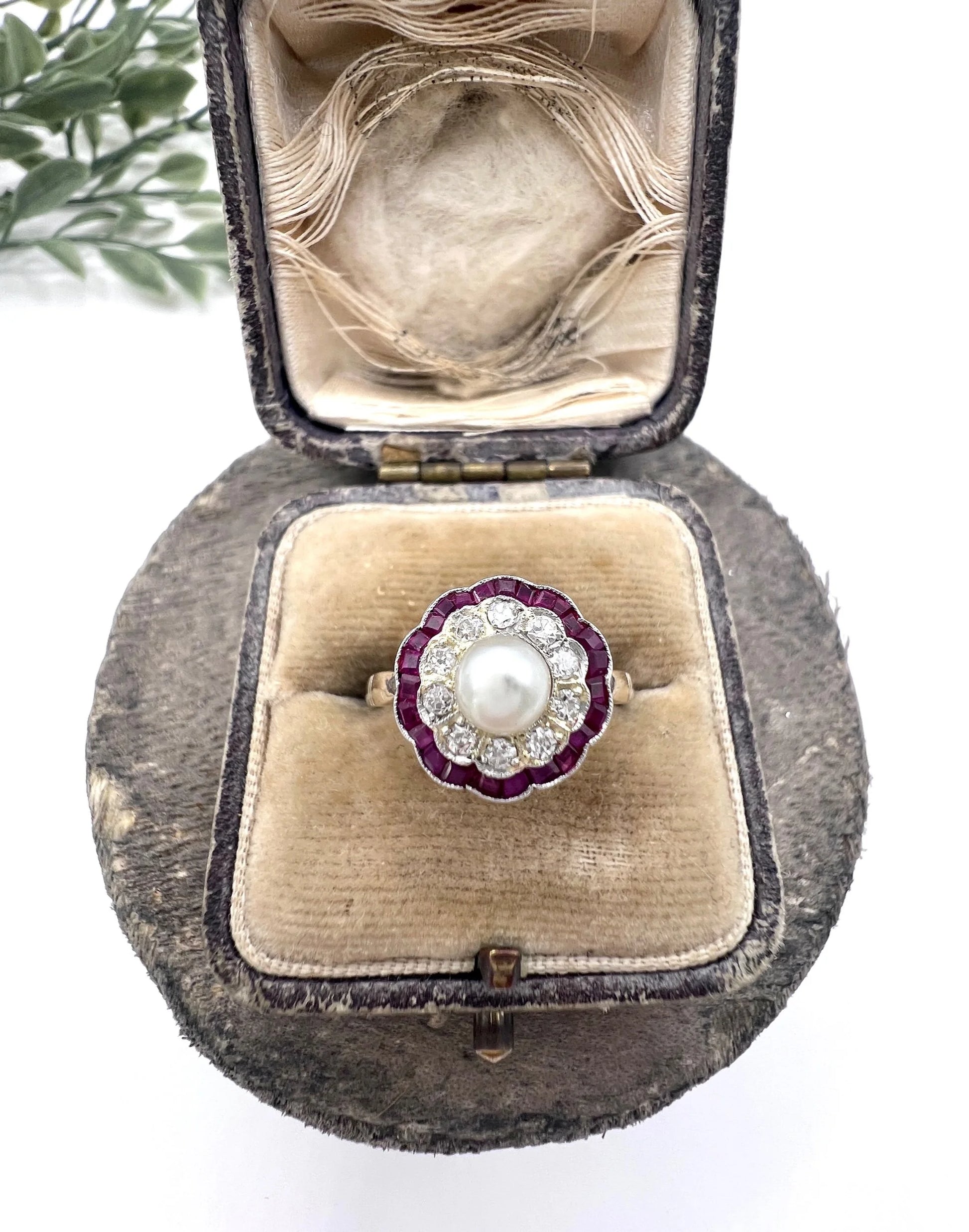 A pearl, diamond and ruby fancy cluster ring in platinum and yellow gold, in a ring box