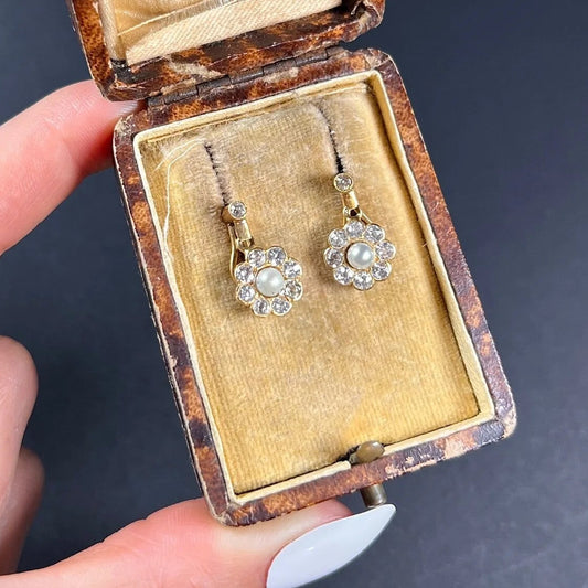 Edwardian Antique Natural Pearl and Old Cut Diamond Daisy Cluster Drop Earrings