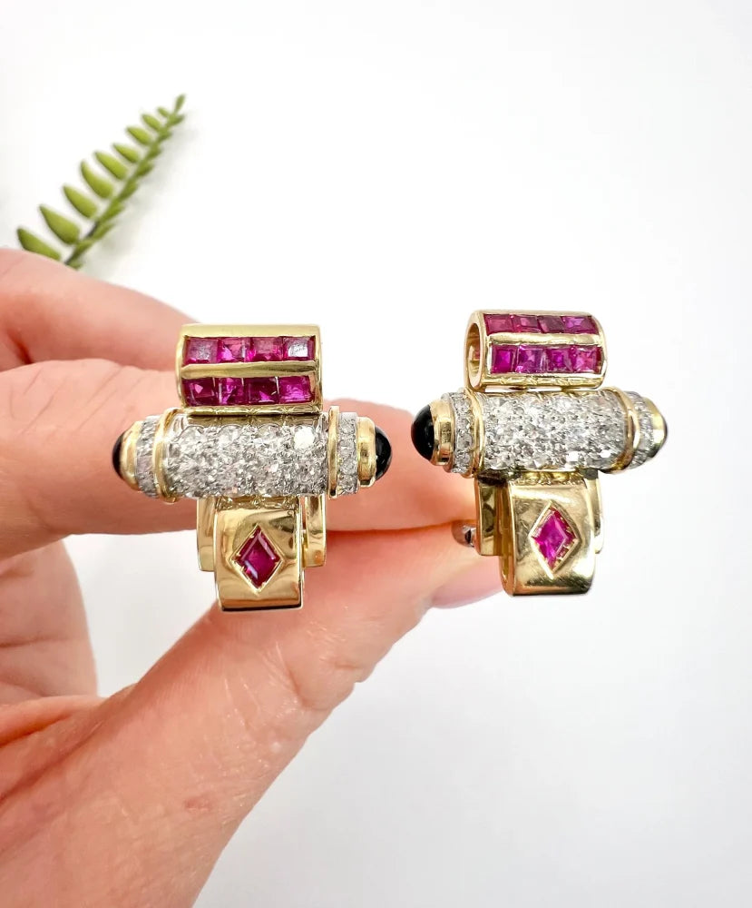 Art Deco Earrings With Old Cut Diamonds, Rubies And Onyx In 18 Carat Yellow And White Gold