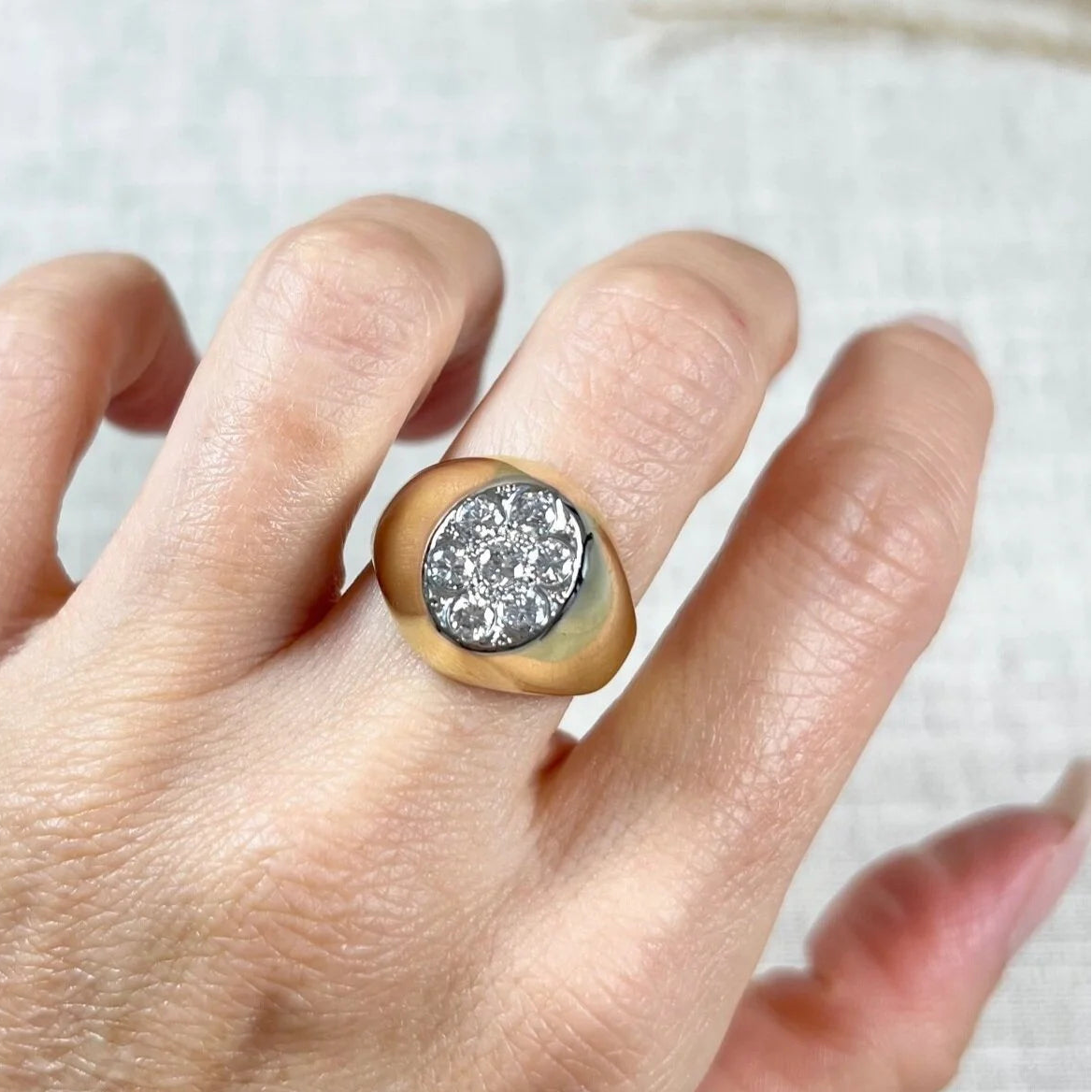 Vintage French Diamond Encrusted Oval Shaped Signet Ring