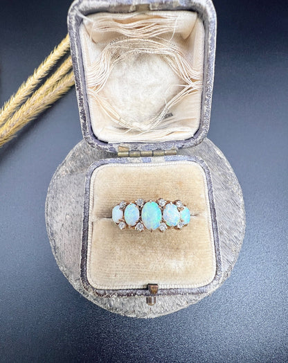 Antique 14ct Yellow Gold Stamped, 1920s Opal & Diamond Five Stone Ring