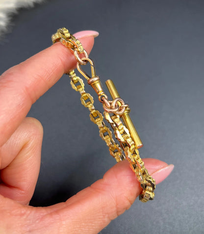 Victorian 9 Carat Yellow Gold Fancy Link Albert Bracelet with Swivel Clasp and T-bar