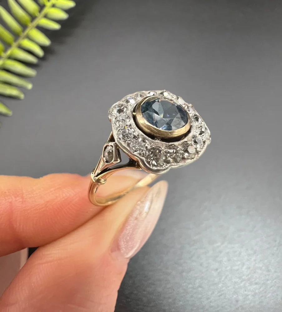 Antique Aquamarine And Diamond Cluster Ring In 18 Carat Yellow Gold And Platinum