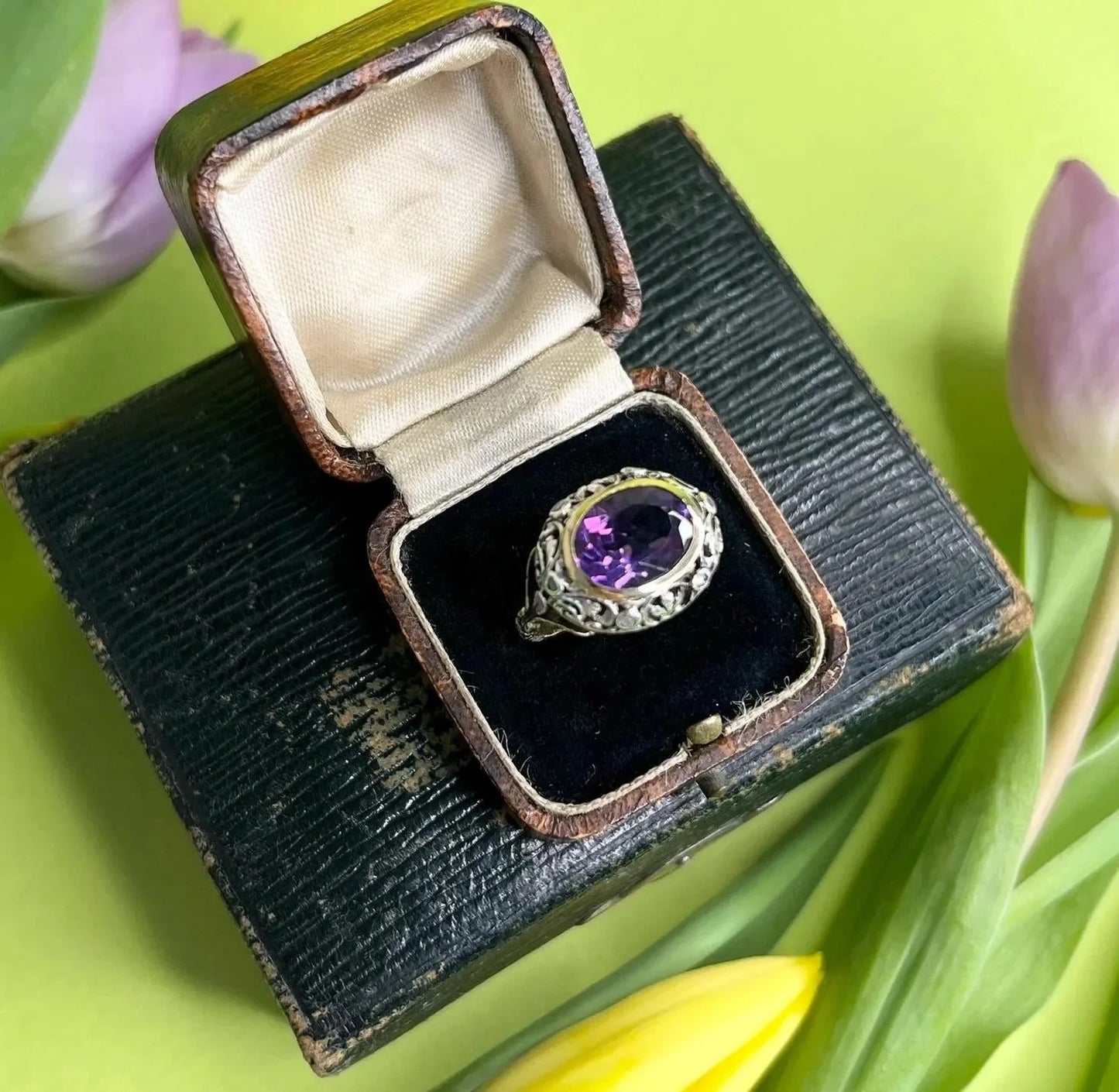 Antique 18 Carat Yellow and White Gold Oval Amethyst and Diamond Ring