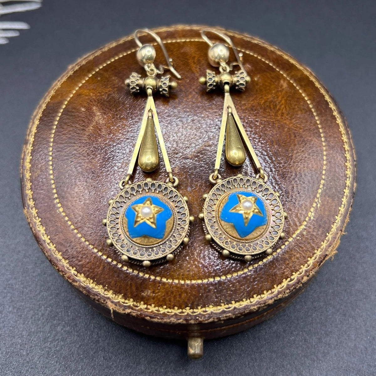Early Victorian Antique Pearl and Turquoise Enamel Star Drop Earrings