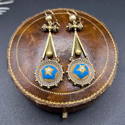 Early Victorian Antique Pearl and Turquoise Enamel Star Drop Earrings