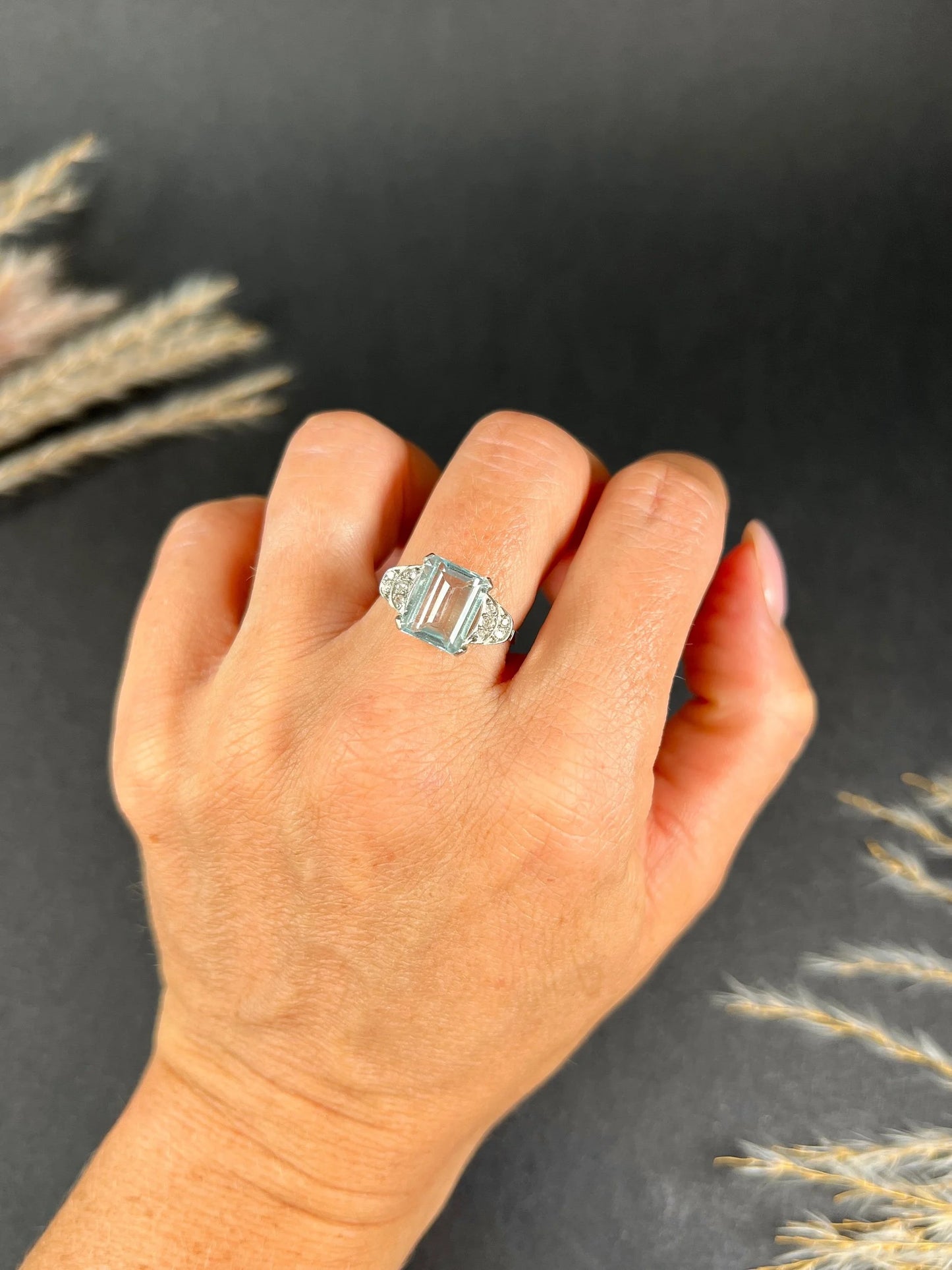 Art Deco 14 Carat White Gold Emerald Cut Aquamarine and Diamond Ring, Circa 1920