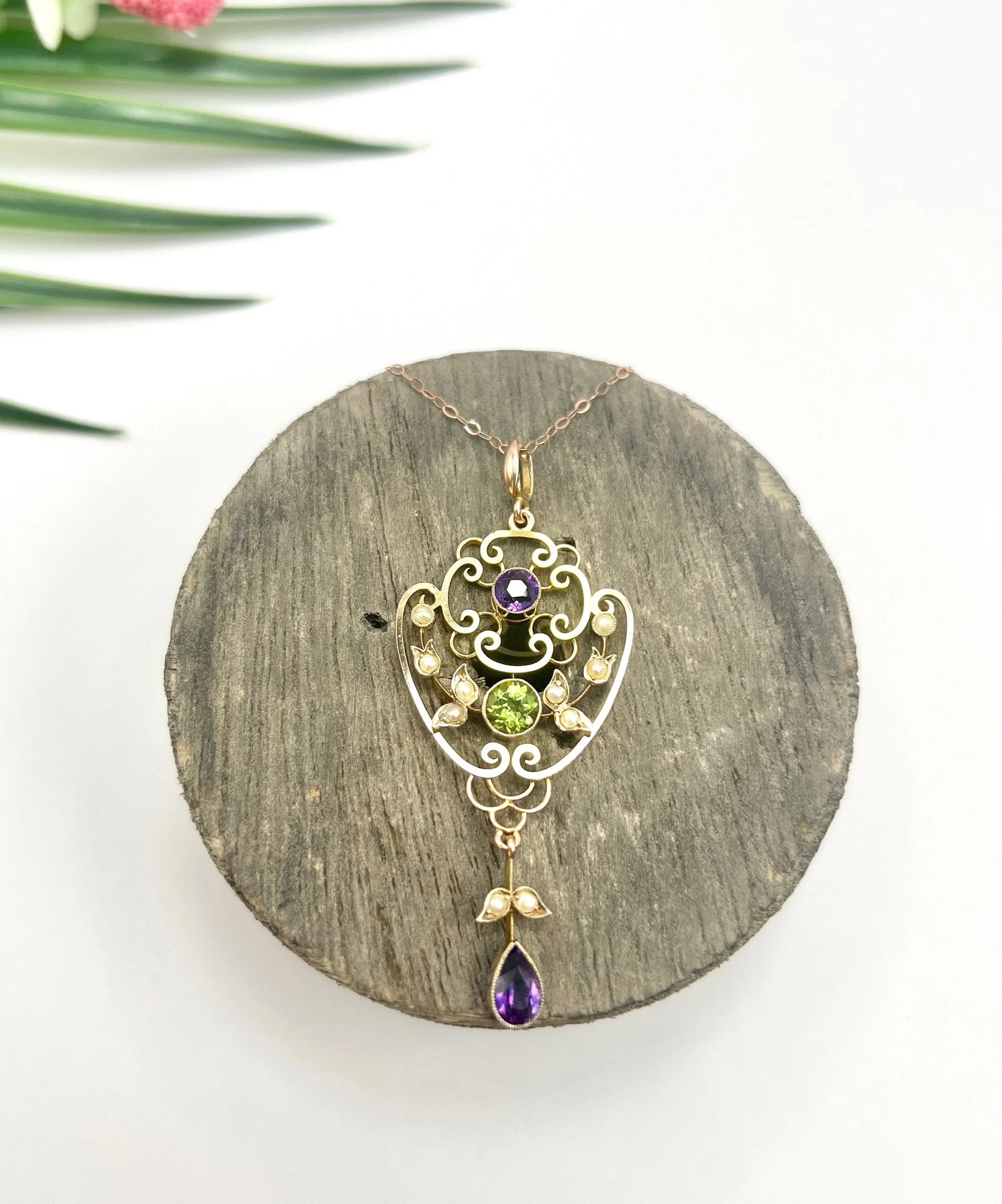 Antique 9 Carat Yellow Gold Amethyst, Peridot and Seed Pearl Suffragette Pendant Necklace