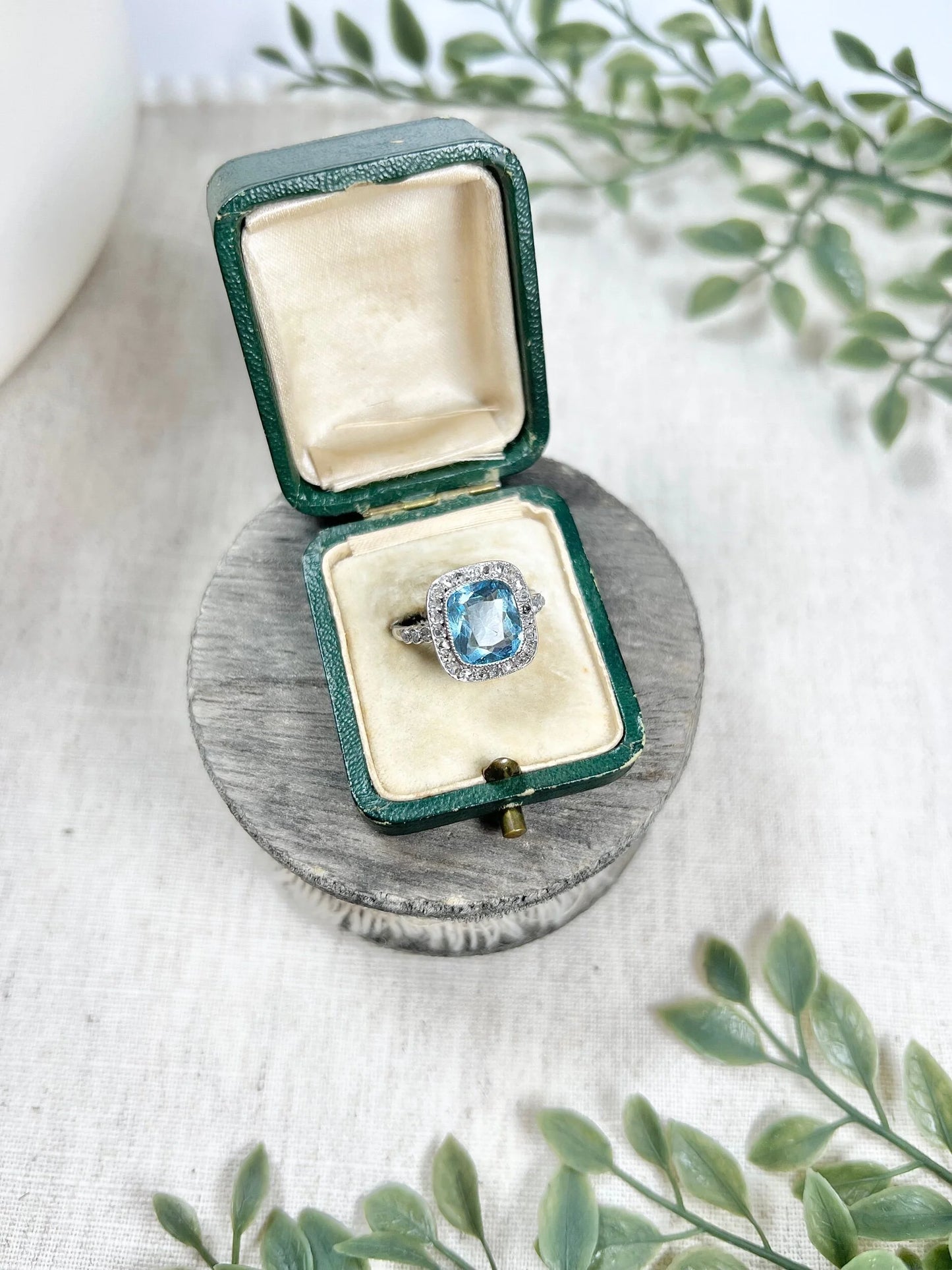 Vintage Platinum 1940s Aquamarine & Diamond Halo Cluster Dress Ring