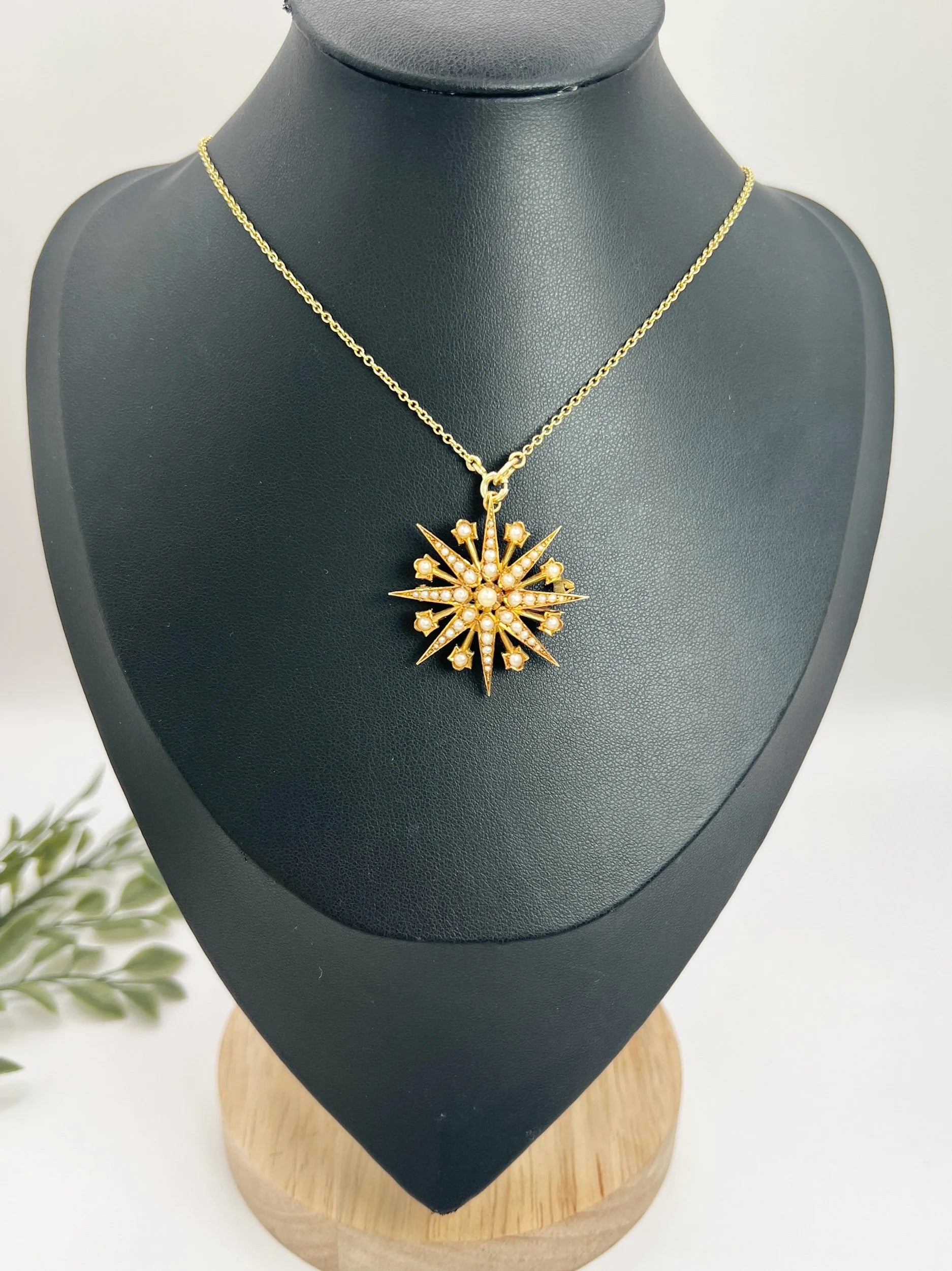 Antique 15 ct Yellow Gold, Edwardian Seed Pearl Star Pendant/Brooch
