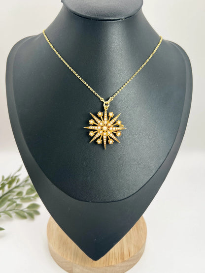 Antique 15 ct Yellow Gold, Edwardian Seed Pearl Star Pendant/Brooch