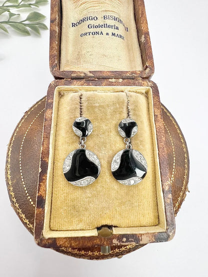 Antique Art Deco Diamond And Onyx Earrings In 18 Carat White Gold