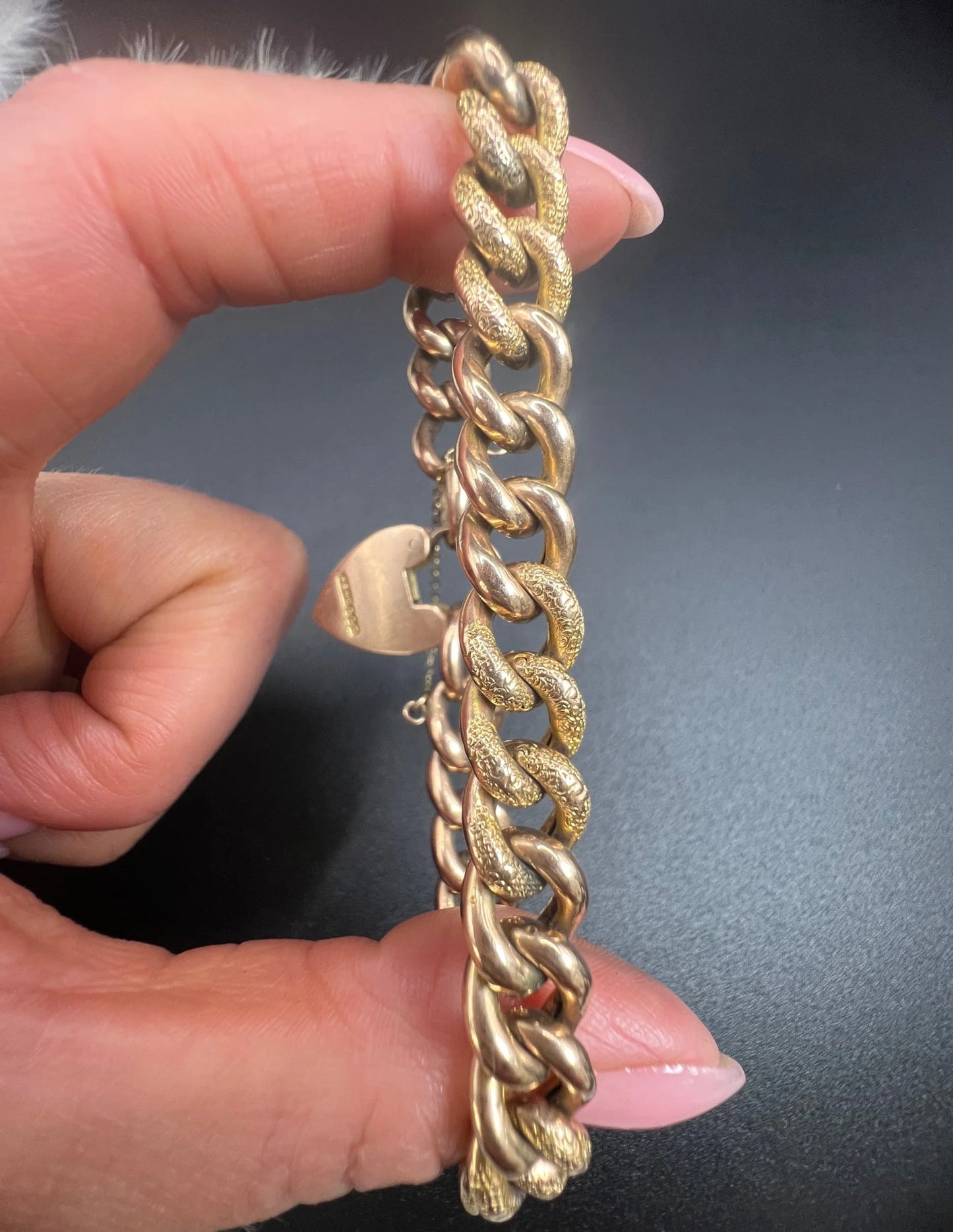 Antique 9 Carat Rose Gold Night and Day Floral Curb Bracelet with Heart Padlock