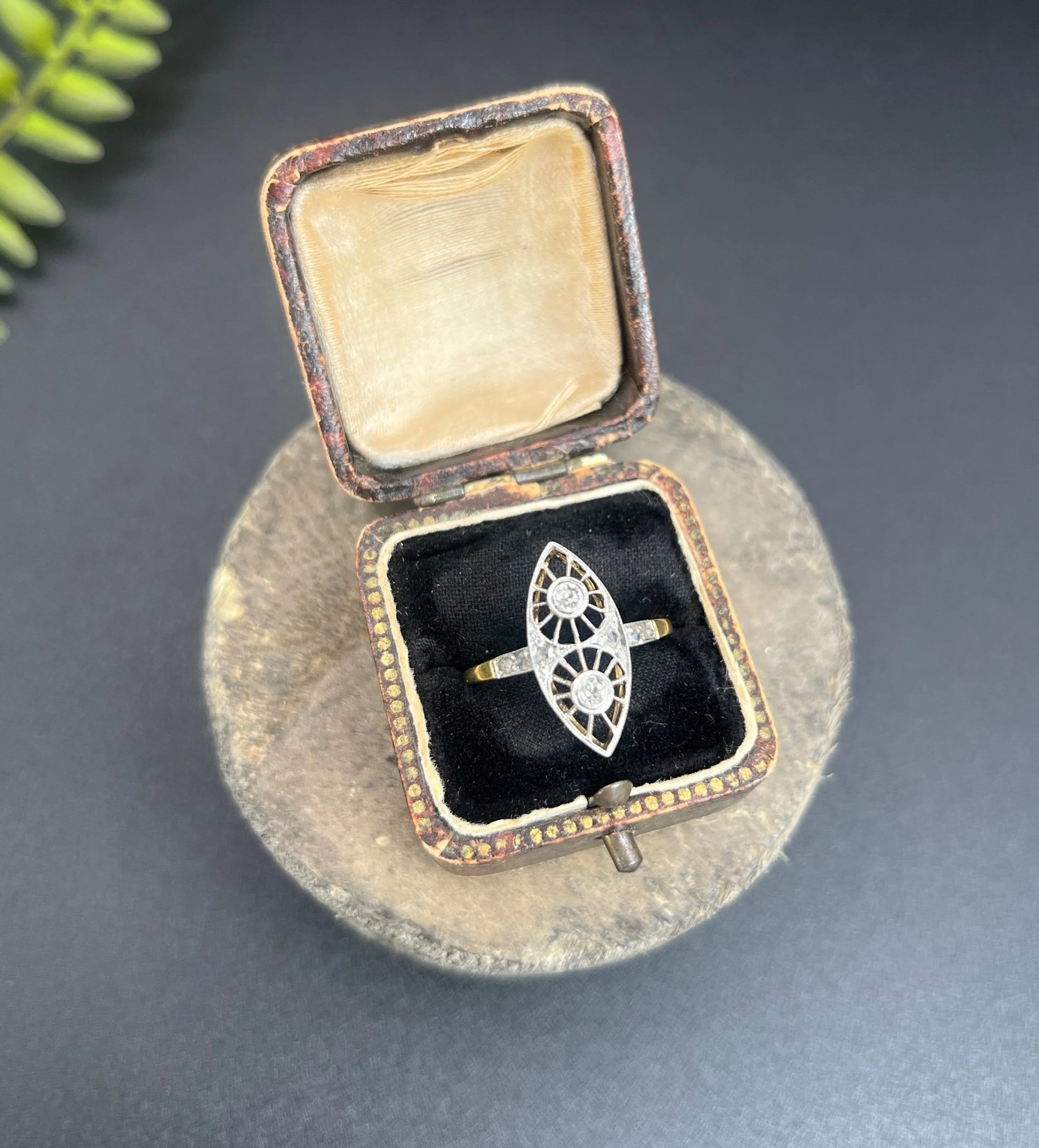 Antique 18 ct Gold And Platinum Open Work Diamond Marquise/Navette Shaped Ring