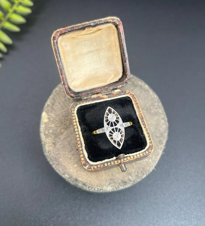Antique 18 ct Gold And Platinum Open Work Diamond Marquise/Navette Shaped Ring