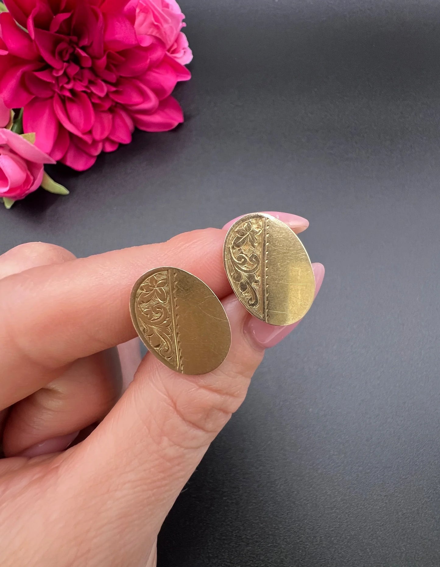 Antique 18ct Yellow Gold Cufflinks: Edwardian Floral Design, Birmingham 1919