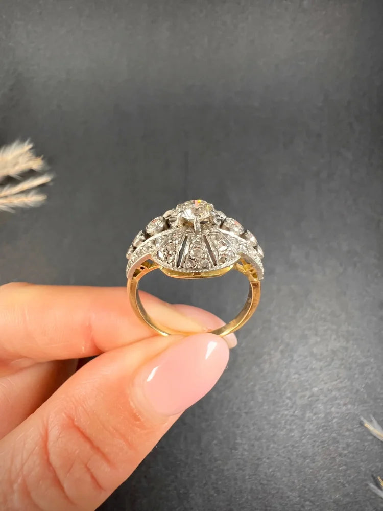 Art Deco Diamond Bombe Cluster Dress Ring in Platinum and 18ct Gold