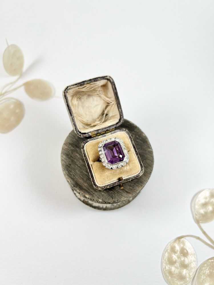 Antique 12 Carat Amethyst Cluster Halo Ring In 18 Carat White Gold And Platinum