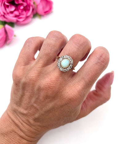 Victorian 18 Carat Yellow Gold Opal and Diamond Oval Cluster Ring, Circa 1890