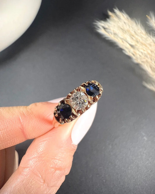Antique 18ct Rose Gold, Victorian Sapphire & Diamond Three Stone Gypsy Ring