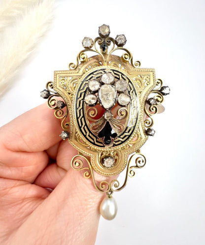 Antique Diamond, Enamel And Pearl Brooch In 18 Carat Yellow Gold