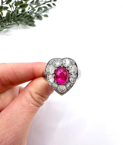 Vintage 14ct White Gold, Cabochon Ruby Heart-Shaped Diamond Cluster Ring