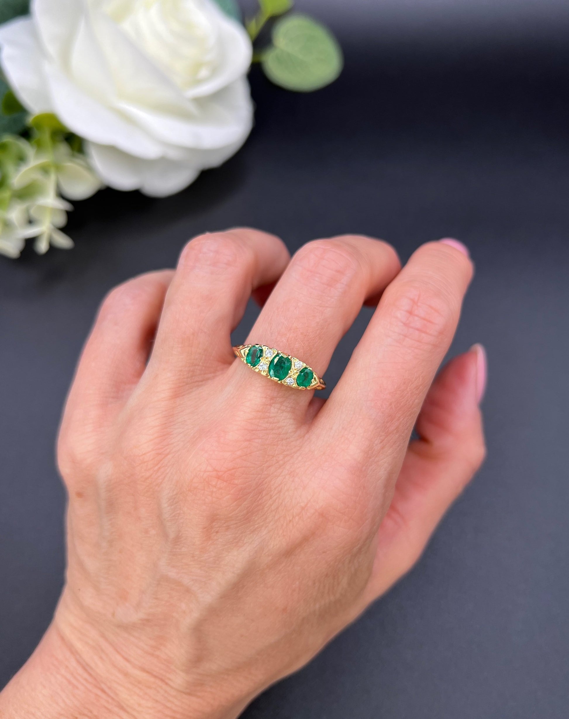 Vintage 18ct Yellow Gold, 1960s Victorian Style Emerald and Diamond Carved Ring