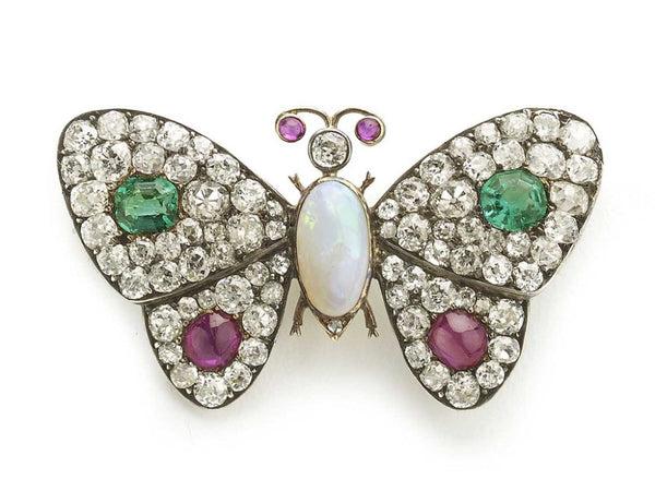 Antique Victorian Butterfly Brooch with Diamond, Emeralds, Ruby and Opal