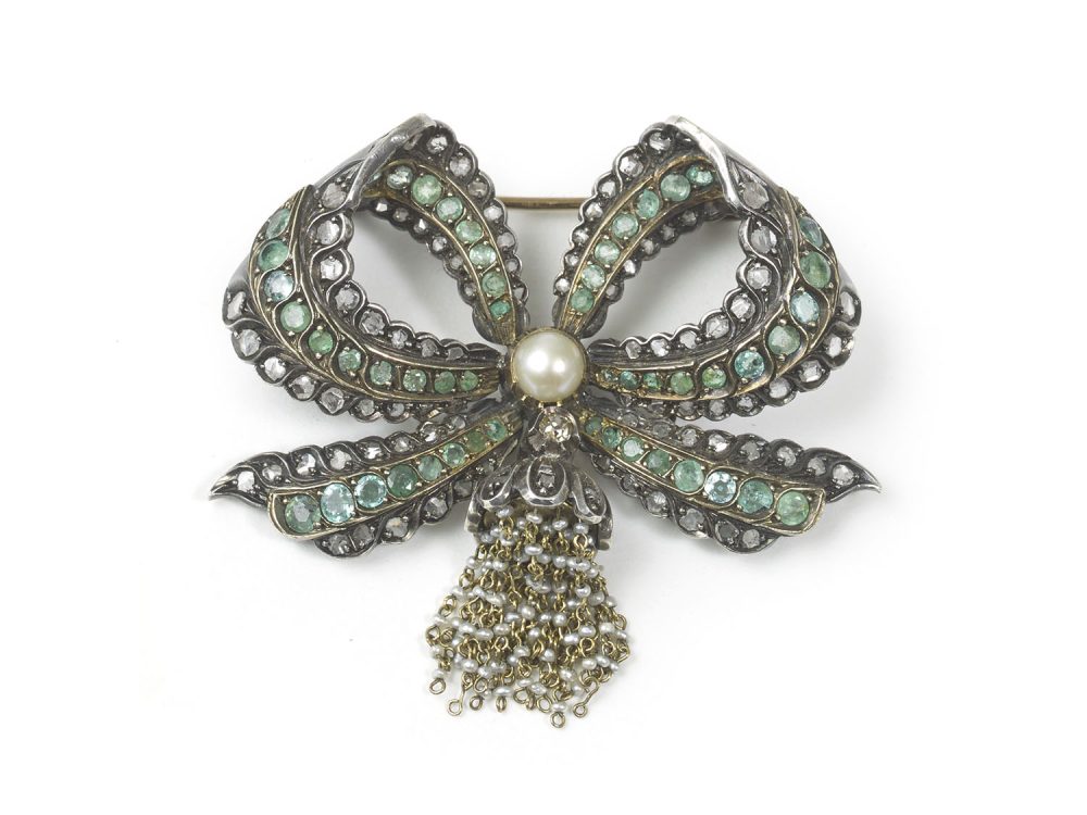 Antique Edwardian Emerald Diamond Bow Brooch