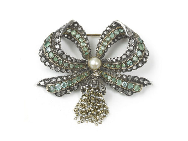 Antique Edwardian Emerald Diamond Bow Brooch