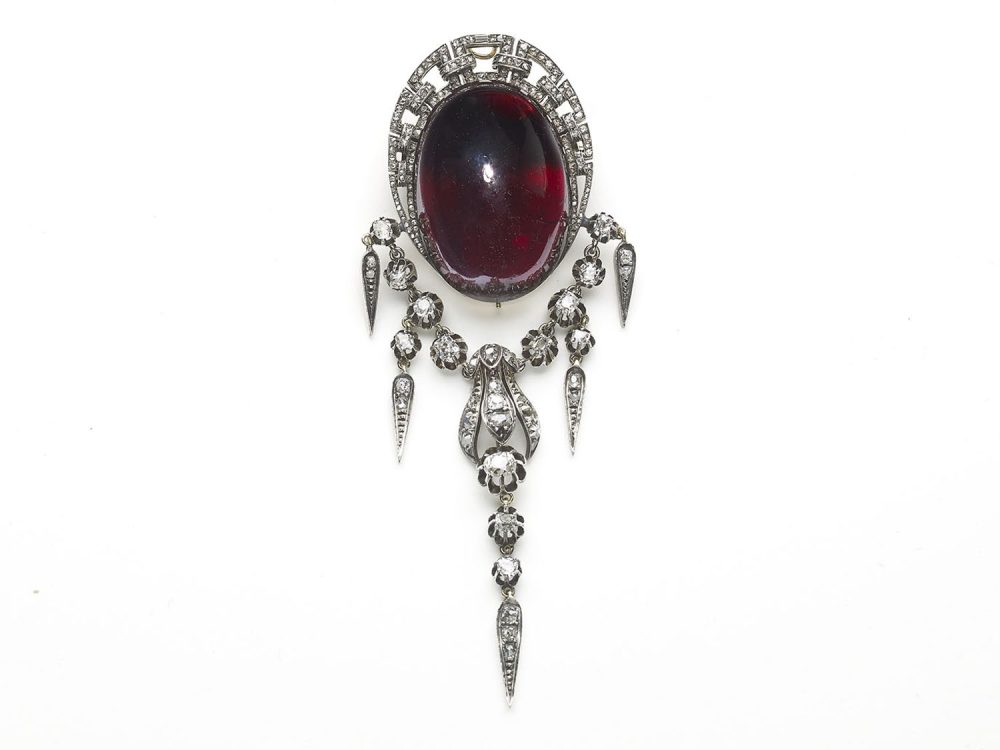 Antique Victorian Cabochon Garnet & Diamond Brooch
