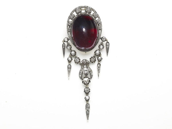 Antique Victorian Cabochon Garnet & Diamond Brooch