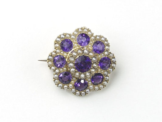 Antique Victorian Amethyst & Pearl Cluster Brooch
