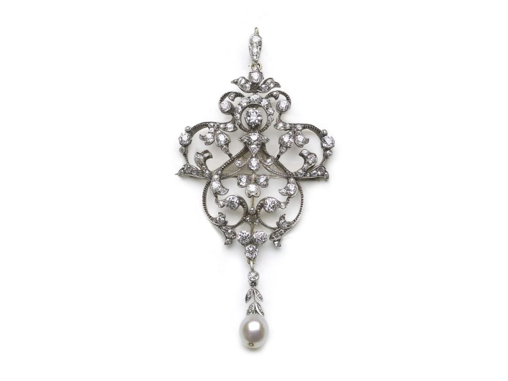Antique Edwardian Diamond & Pearl Brooch Pendant With Hair Comb