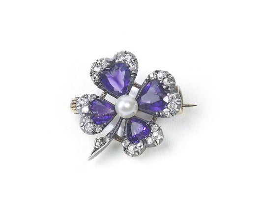 Antique Victorian Amethyst & Diamond Four-Leaf Clover Brooch