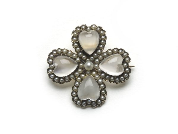 Antique Victorian Moonstone and Pearl Four-Leaf Clover Brooch Pendant