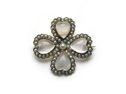Antique Victorian Moonstone and Pearl Four-Leaf Clover Brooch Pendant
