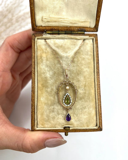 Antique 9 ct Gold, Edwardian Amethyst, Peridot, Seed Pearl And Enamel, Teardrop Suffragette Pendant Necklace